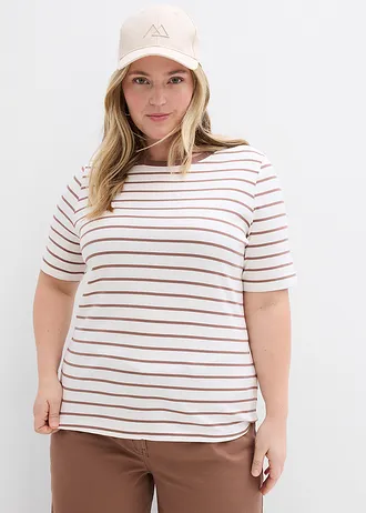 T-shirt van zwaar biologisch katoen, Kleur: wolwit/kastanjebruin gestreept