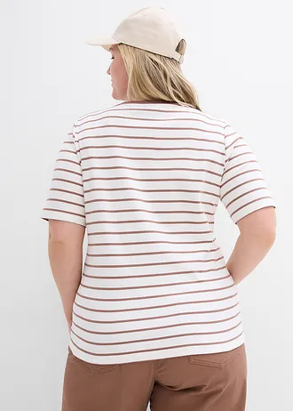 T-shirt z grubej bawełny organicznej, kolor: biel wełny-brązowy kasztanowy w paski