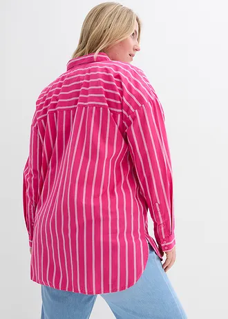 Chemise oversize 100% coton, Couleur: pink lady-blanc rayé verticalement