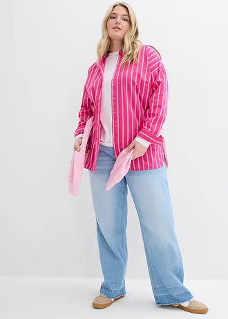 Chemise oversize 100% coton, Couleur: pink lady-blanc rayé verticalement