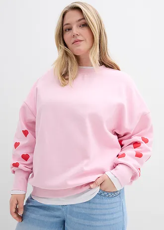 Sweater in een katoenmix, Kleur: kristalroze-aardbeirood met print