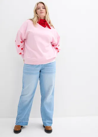 Sweater in een katoenmix, Kleur: kristalroze-aardbeirood met print