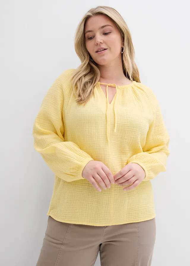 Blouse van luchtige mousseline, Kleur: lichtgeel