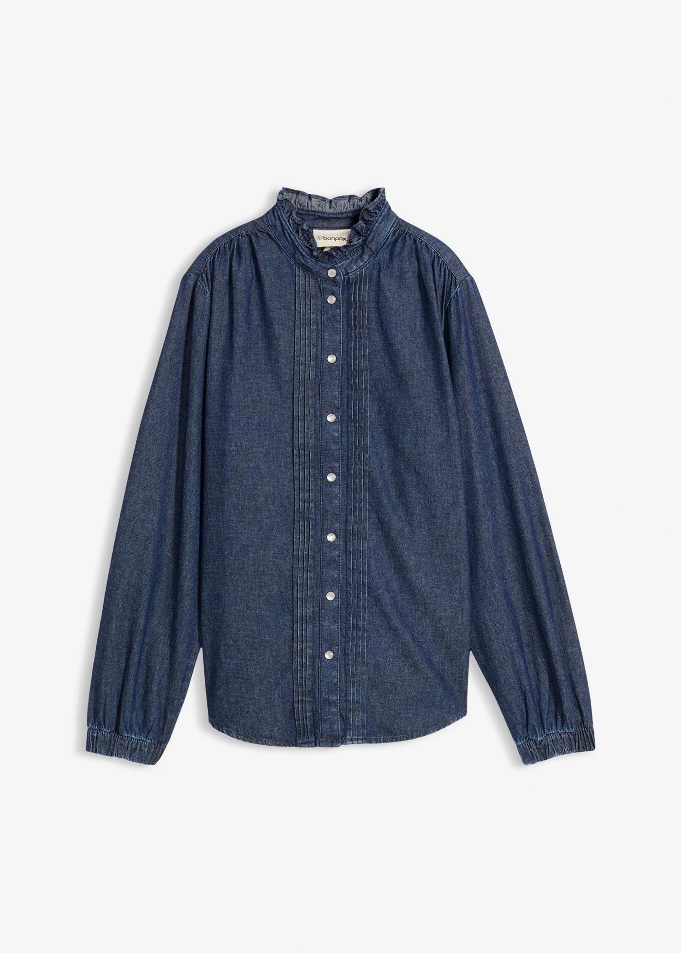 Spijkerblouse van biologisch katoen met volants • donkerblauw denim used • bonprix online shop