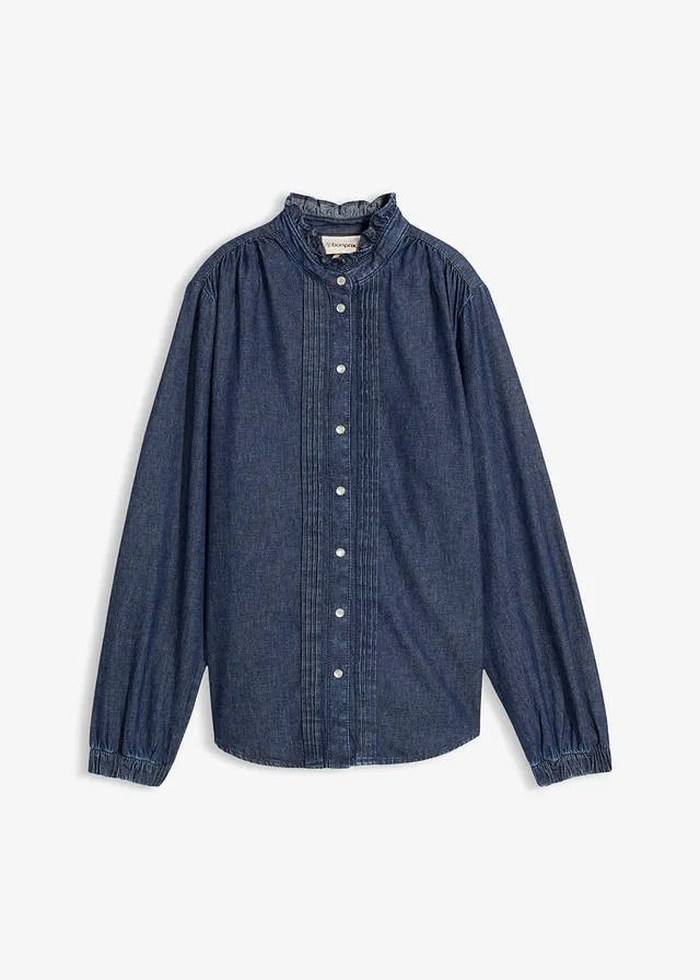 Spijkerblouse van biologisch katoen met volants, Kleur: donkerblauw denim used