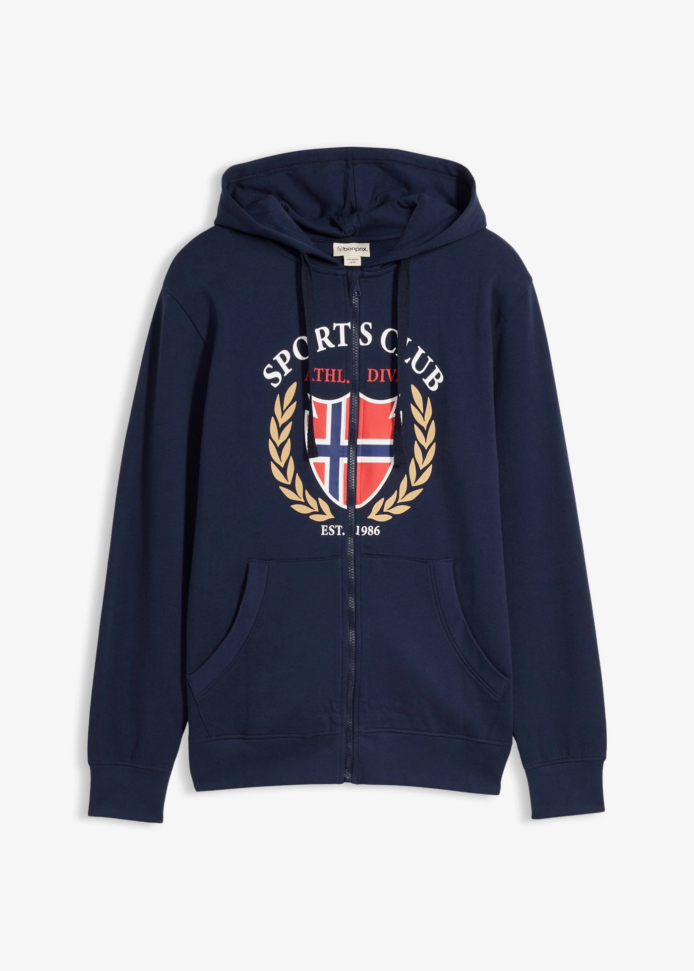 Sweat zippé à capuche, 100% coton • bleu foncé imprimé • Boutique bonprix