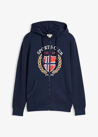 Sweat zippé à capuche, 100% coton • bleu foncé imprimé • Boutique bonprix