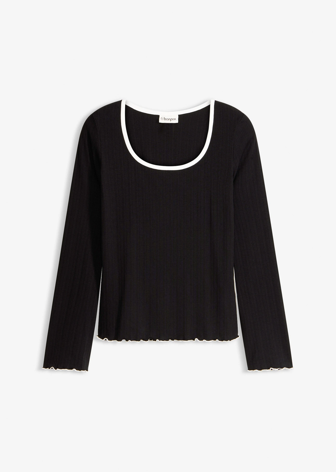 Geribd longsleeve met strikdetail • zwart met wolwit • bonprix online shop
