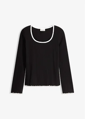 Geribd longsleeve, Kleur: zwart met wolwit