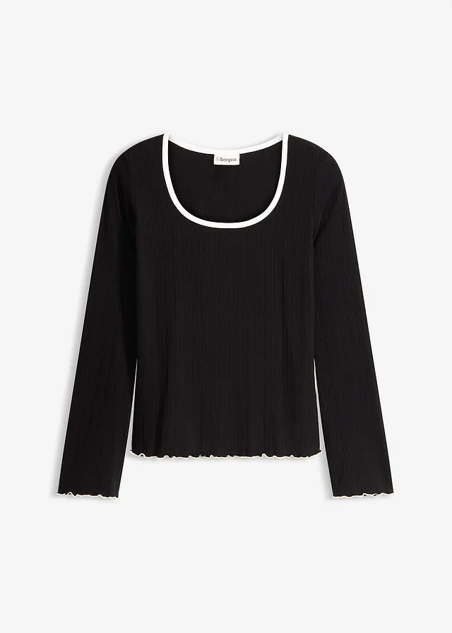 Geribd longsleeve met strikdetail • zwart met wolwit • bonprix online shop