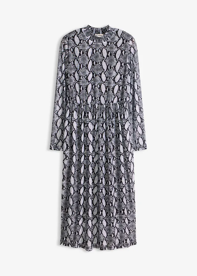 Midi jurk van zacht mesh, Kleur: zwart-wit slangenprint