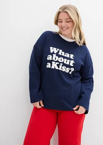 Longsleeve van zwaar katoen, Kleur: donkerblauw-wolwit met print