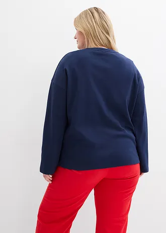 T-shirt manches longues en coton épais, Couleur: bleu foncé-écru imprimé