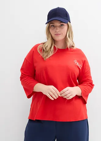 Boxy shirt van puur katoen, Kleur: aardbeirood-wolwit