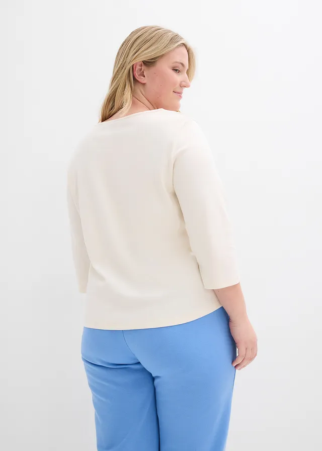 T-shirt manches 3/4 en jersey épais 100% coton, Couleur: blanc nacré