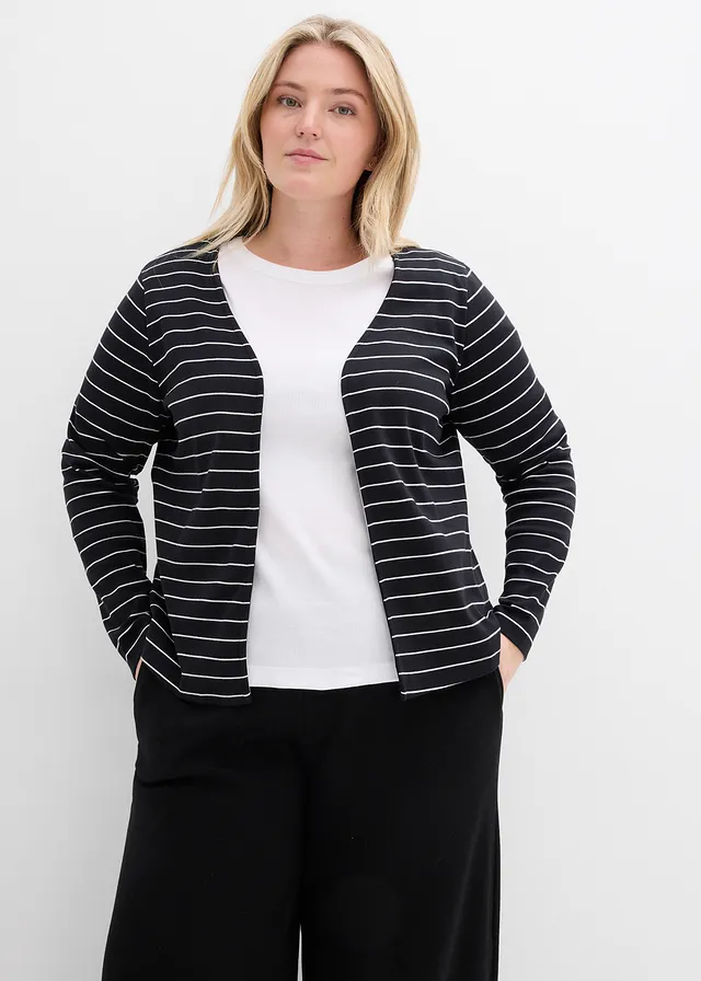 Gilet en jersey épais 100% coton, Couleur: noir-blanc nacré rayé