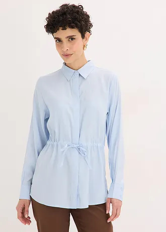 Popeline blouse met ingelegde plooien, Kleur: poederblauw