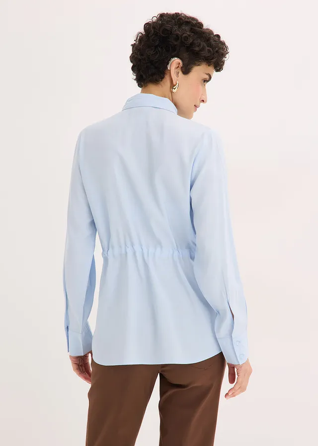 Popeline blouse met ingelegde plooien, Kleur: poederblauw