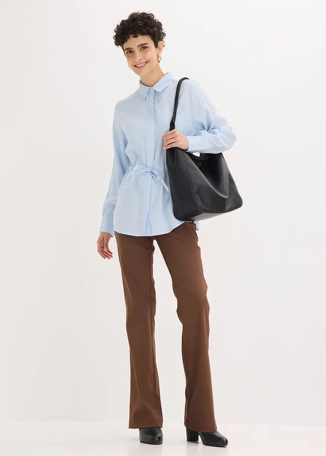 Popeline blouse met ingelegde plooien, Kleur: poederblauw
