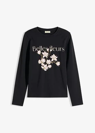 Longsleeve met biologisch katoen, Kleur: zwart-mosgroen met print