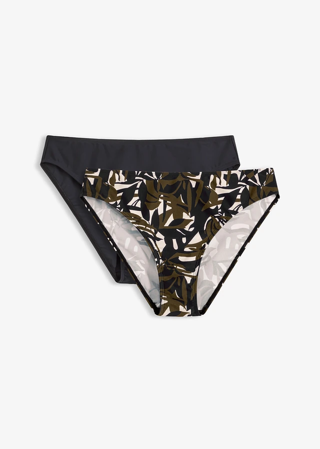 Bikinibroekjes (set van 2) effen en met print, Kleur: zwart+wolwit/zwart/olijfgroen met print