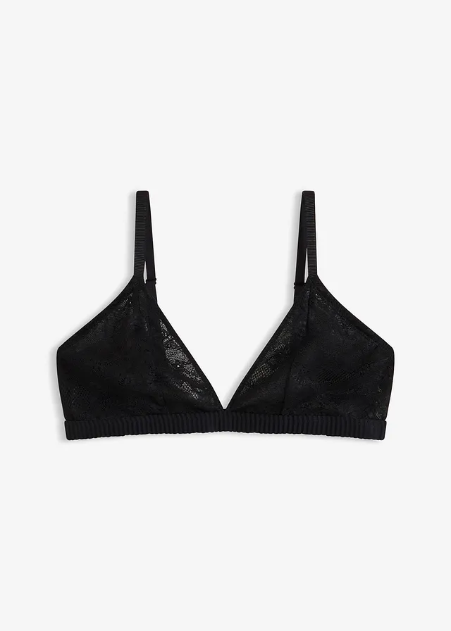 Soutien-gorge triangle, sans armatures, texture côtelée douce, Couleur: noir