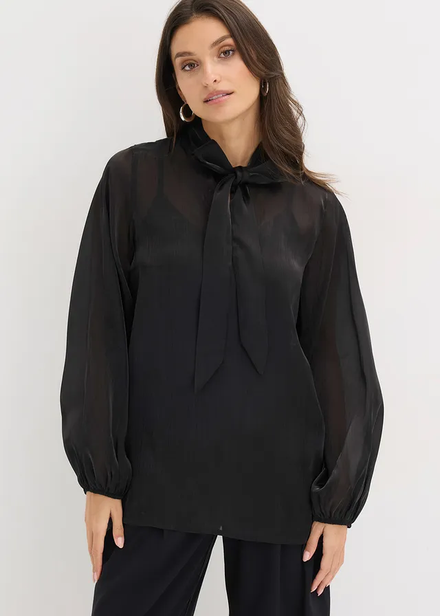 Blouse met strik, Kleur: zwart