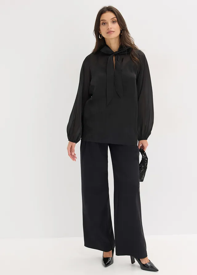 Blouse met strik, Kleur: zwart