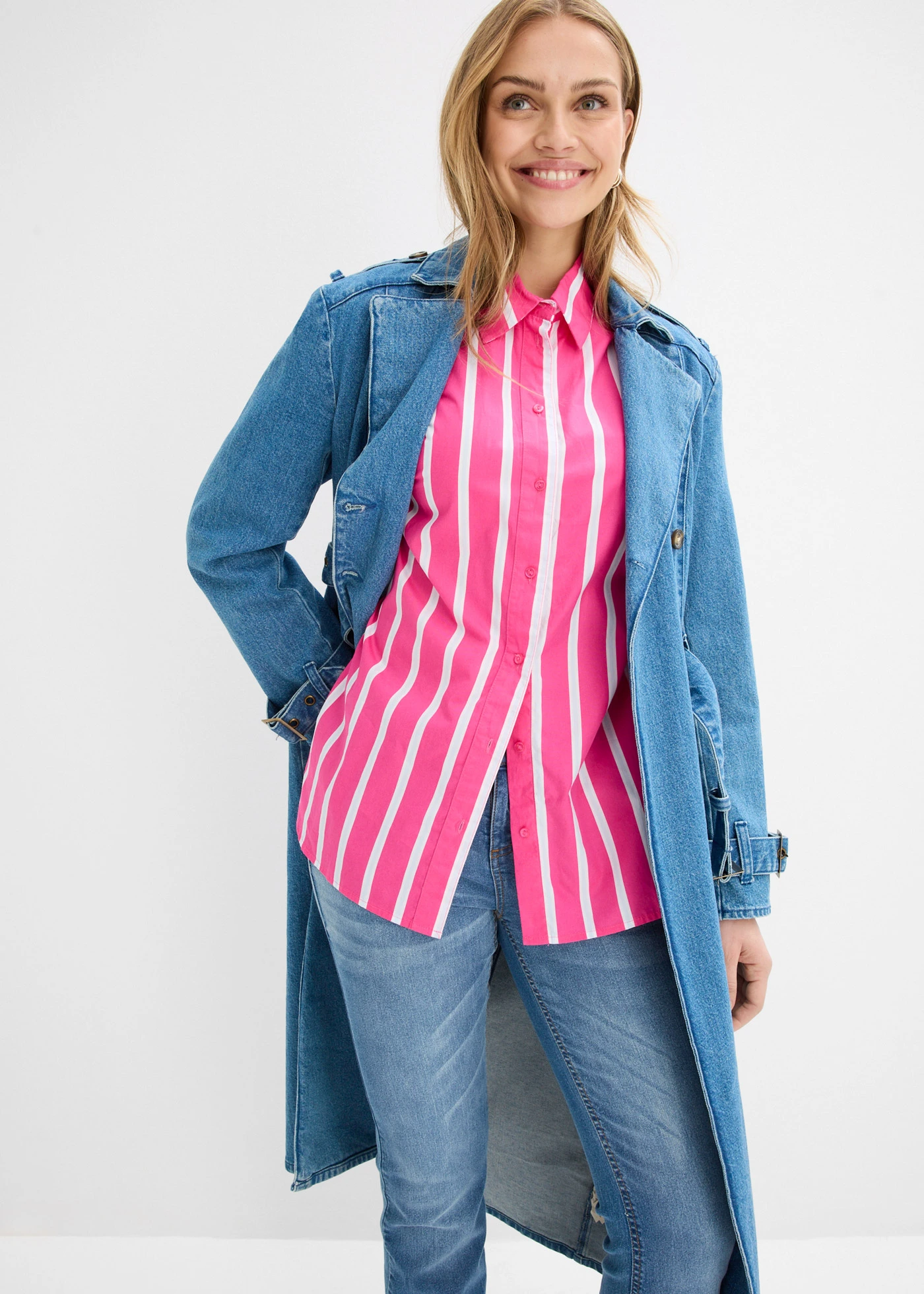 Bluză tip cămașă din poplin de bumbac • roz-pinklady cu dungi verticale • magazin bonprix