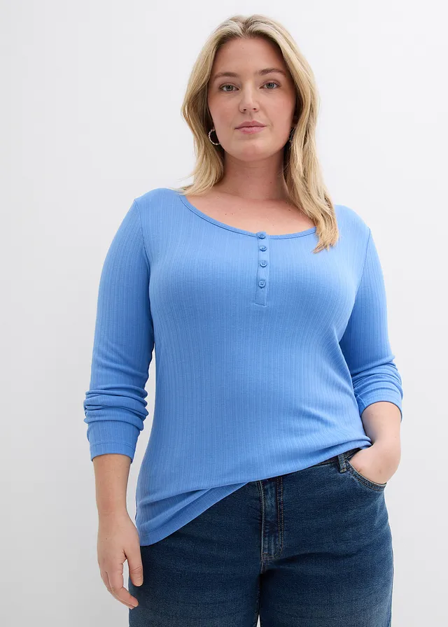 Geribde longsleeve, Kleur: middenblauw