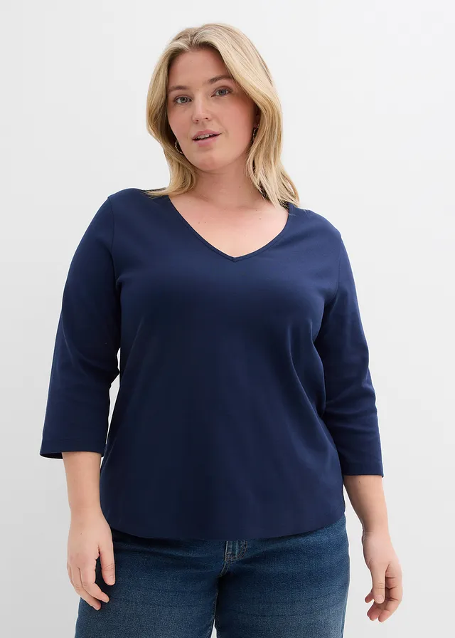 T-shirt manches 3/4 en jersey coton épais, Couleur: bleu foncé