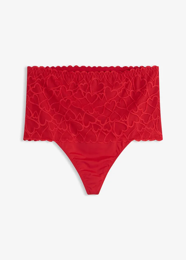 Corrigerende string, medium corrigerend met hartjes kant, Kleur: salsarood