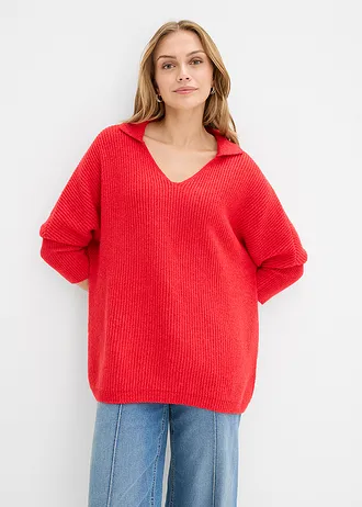 Sweter oversize z kołnierzykiem polo • truskawkowy • sklep bonprix