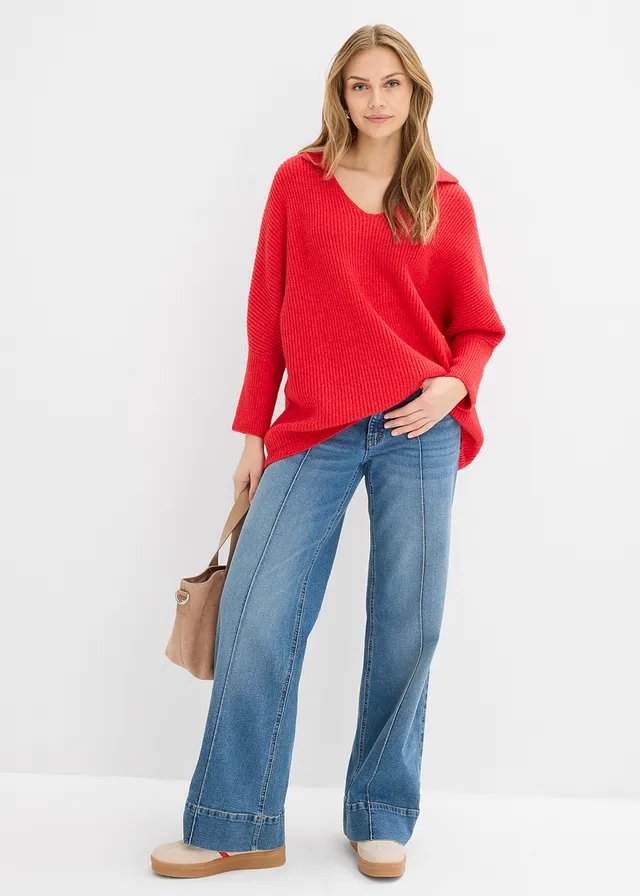 Pulover oversize cu guler polo albastru mediu denim