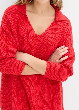 Sweter oversize z kołnierzykiem polo • truskawkowy • sklep bonprix