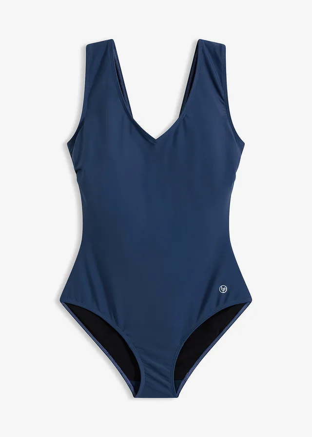 Maillot 1 pièce sculptant à col en V, maintien modéré • bleu profond • Boutique bonprix