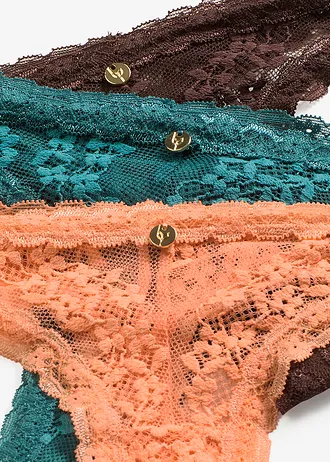 Stringi tanga z koronką w kwiaty (3 szt.) • ciemnobrązowy+kremowa papaja+zielony pieprz • sklep bonprix