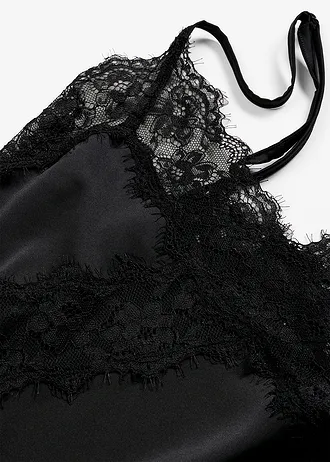 Neglijeu din satin, cu dantelă fină • negru plus size • magazin bonprix