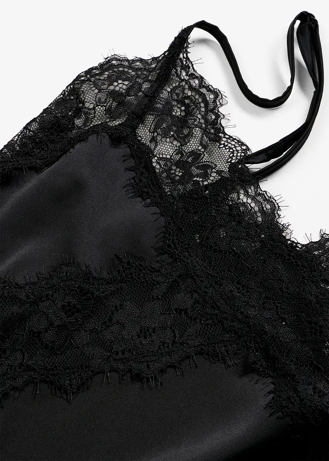 Satynowa koszulka nocna z delikatną koronką • czarny plus size • sklep bonprix