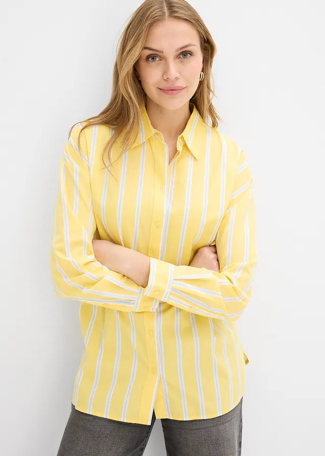 Chemisier en popeline de coton, Couleur: jaune clair rayé