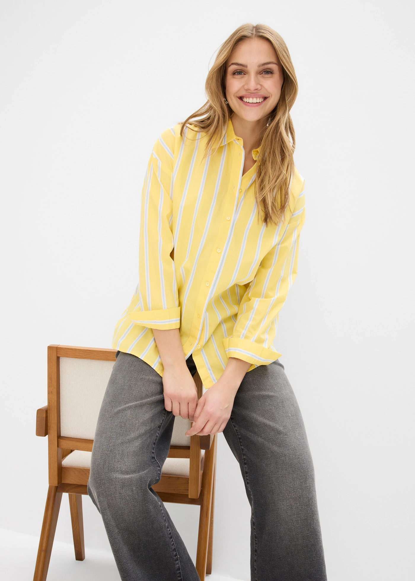 Overhemdblouse van katoenpopeline • lichtgeel verticaal gestreept • bonprix online shop