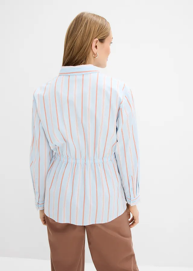 Overhemdblouse van stretch katoen-popeline, Kleur: poederblauw verticaal gestreept