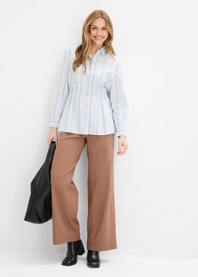 Overhemdblouse van stretch katoen-popeline, Kleur: poederblauw verticaal gestreept