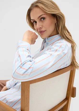 Bluzka koszulowa z bawełnianej popeliny ze stretchem • niebieski pudrowy w pionowe paski • sklep bonprix