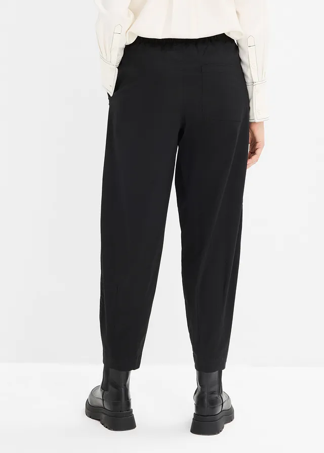 Pantalon barrel en twill à taille élastiquée, Couleur: noir