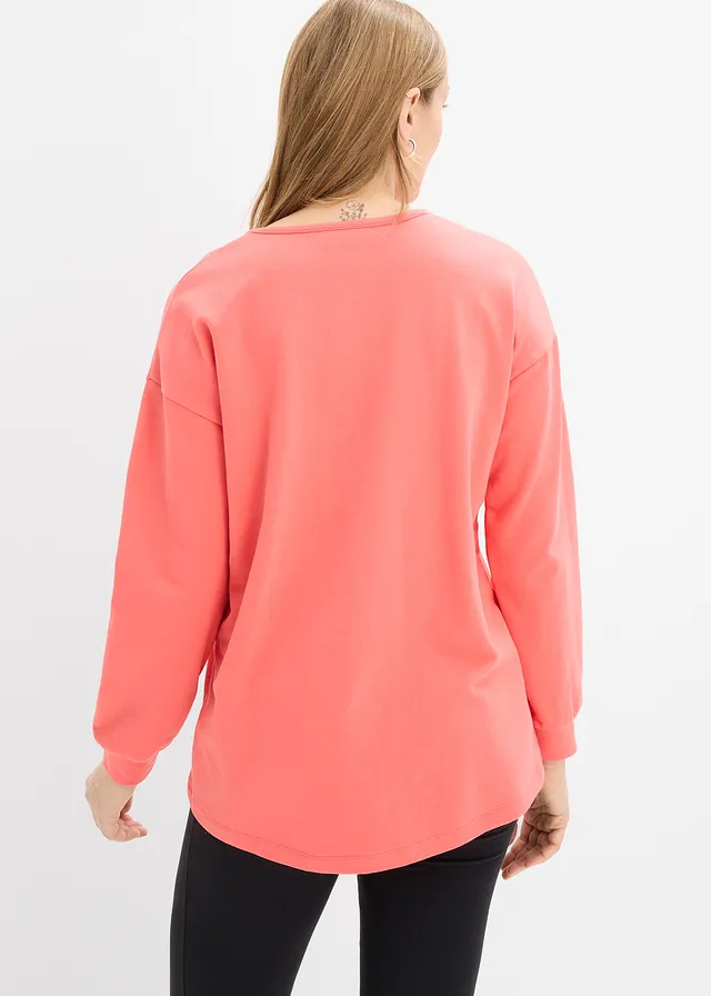 Longsleeve van katoenmix met high-low zoom, Kleur: lichtzalm