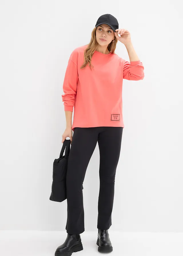 Longsleeve van katoenmix met high-low zoom, Kleur: lichtzalm