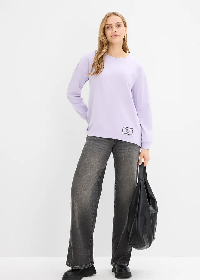 Sweat en coton mélangé, coupe courte devant longue derrière, Couleur: mauve clair