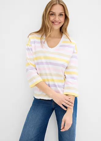 T-shirt en coton flammé, manches 3/4, Couleur: mauve poudré rayé