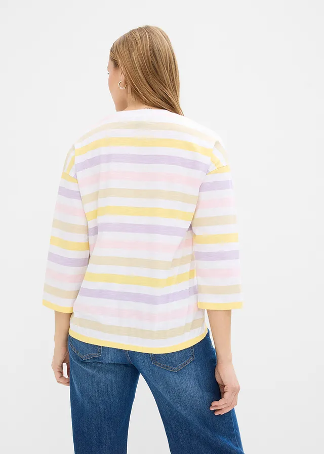 Slub shirt van biologisch katoen, 3/4 mouwen, Kleur: poederlila gestreept